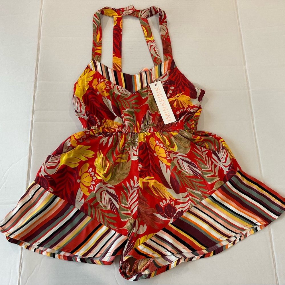 NWT MINKPINK Monsoon Leaves Red Print Romper, Size Small